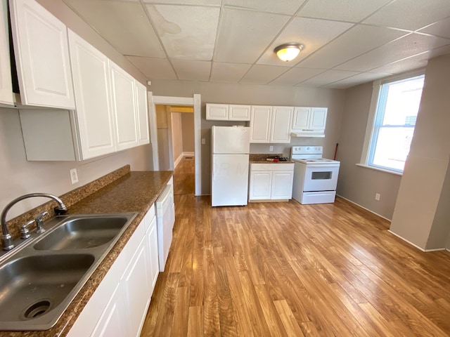 kitchen featuring white appliances, light wood-type flooring, a drop ceiling, sink, and white cabinetry