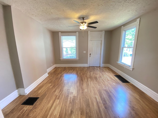 interior space with light wood-type flooring, a textured ceiling, and plenty of natural light