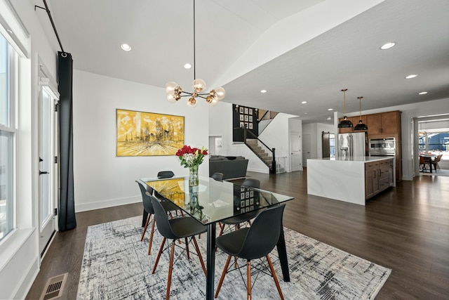 dining area with baseboards, dark wood-style floors, stairway, a chandelier, and recessed lighting