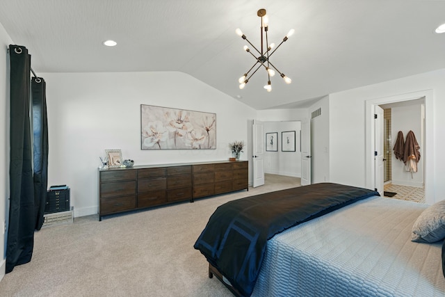 bedroom with recessed lighting, light carpet, a notable chandelier, baseboards, and vaulted ceiling