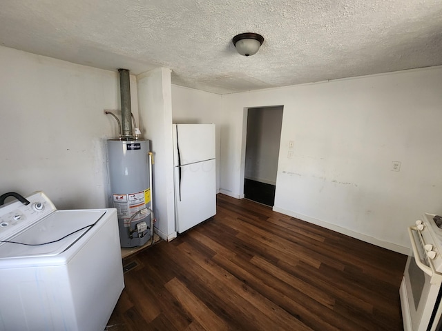 clothes washing area featuring a textured ceiling, washer / dryer, dark hardwood / wood-style flooring, and water heater