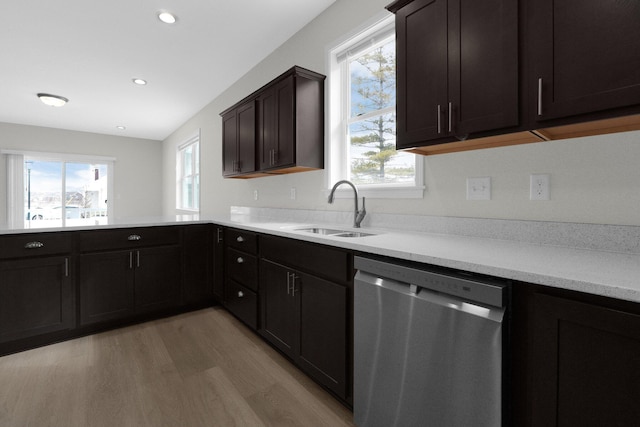 kitchen featuring light wood finished floors, stainless steel dishwasher, a sink, and a healthy amount of sunlight