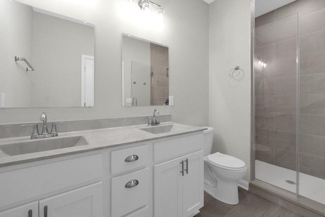 bathroom with toilet, a shower stall, double vanity, and a sink