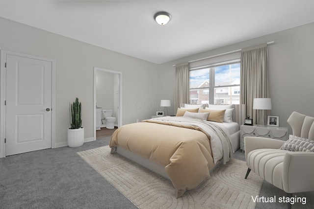 bedroom featuring carpet floors, ensuite bath, and baseboards