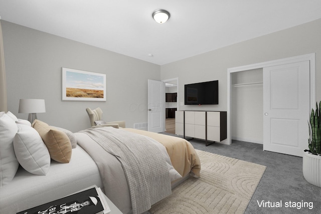 bedroom with carpet floors, a closet, visible vents, and baseboards