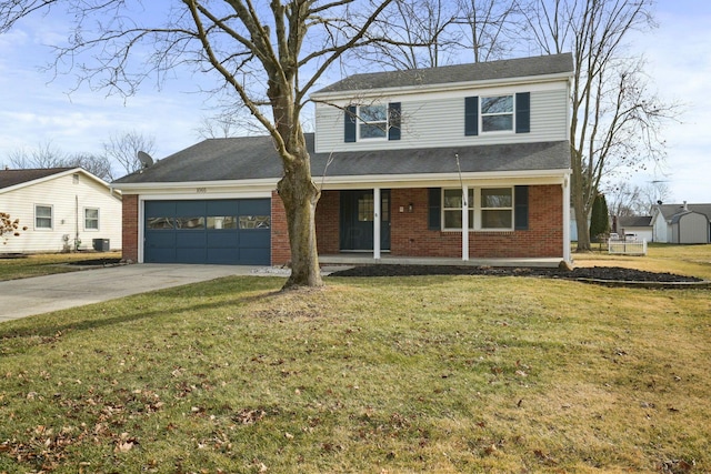 traditional home featuring an attached garage, covered porch, brick siding, concrete driveway, and a front lawn