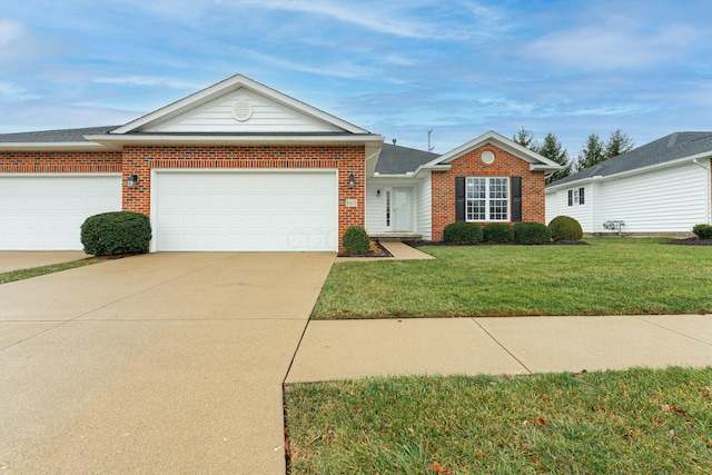 ranch-style home with a front lawn and a garage