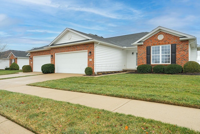 ranch-style house featuring a front yard and a garage