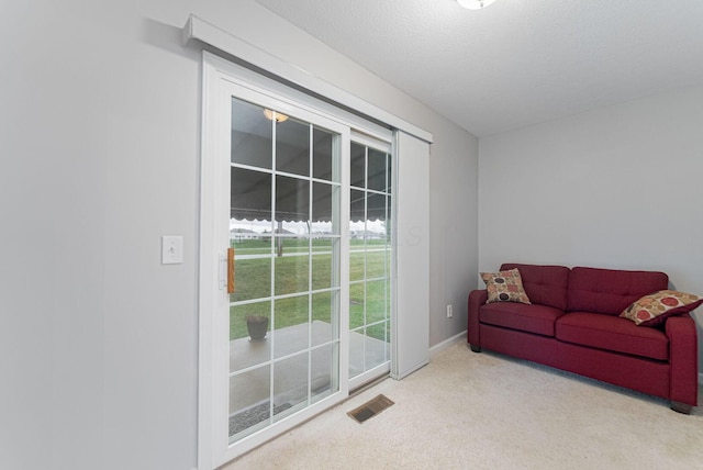 interior space featuring a textured ceiling and carpet flooring