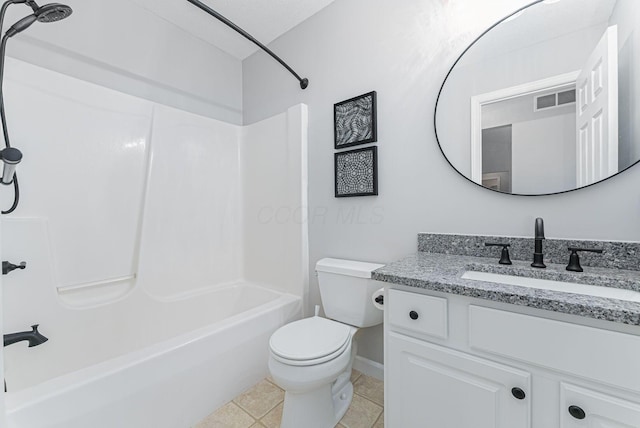 full bathroom featuring shower / bath combination, tile patterned flooring, toilet, and vanity