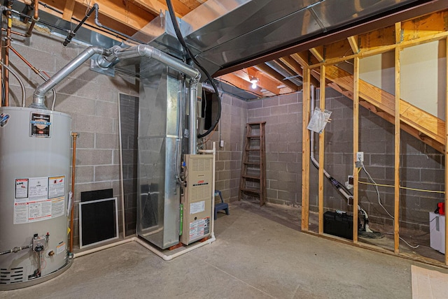 basement featuring heating unit and water heater