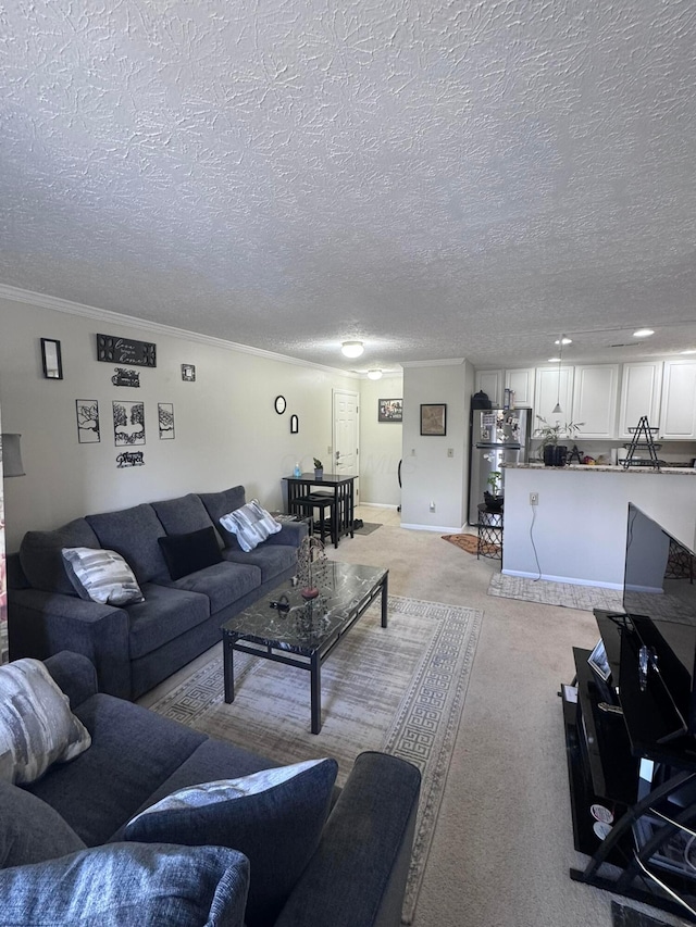 living area with light colored carpet, a textured ceiling, and crown molding