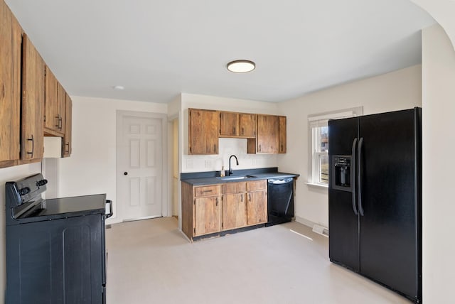 2029 Fairfax Ave, Columbus, OH 43207 - kitchen with visible vents, brown cabinets, black appliances, a sink, and dark countertops