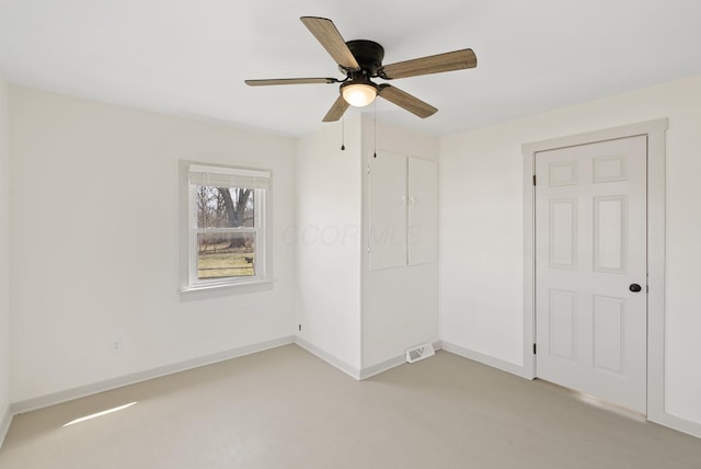 2029 Fairfax Ave, Columbus, OH 43207 - unfurnished bedroom featuring a ceiling fan, visible vents, baseboards, and finished concrete floors