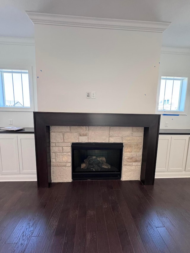 interior details with crown molding, wood finished floors, and a fireplace