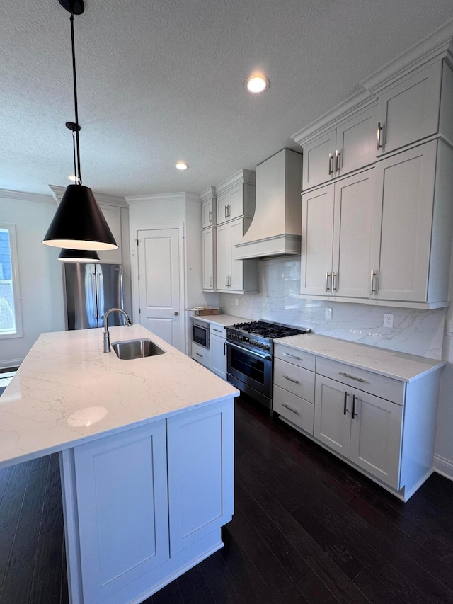 kitchen featuring tasteful backsplash, a sink, high end appliances, custom exhaust hood, and a kitchen island with sink