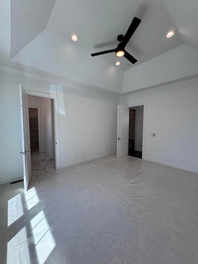 5450 Maple Dr, Lewis Center, OH 43035 - unfurnished bedroom featuring recessed lighting, a ceiling fan, baseboards, light colored carpet, and lofted ceiling