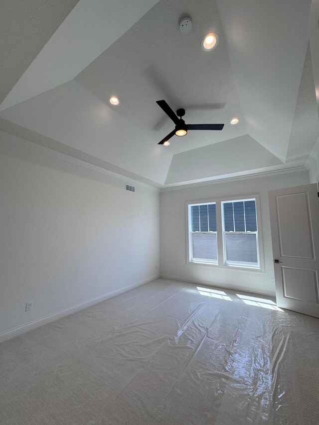 5450 Maple Dr, Lewis Center, OH 43035 - empty room with recessed lighting, carpet floors, visible vents, a raised ceiling, and a ceiling fan