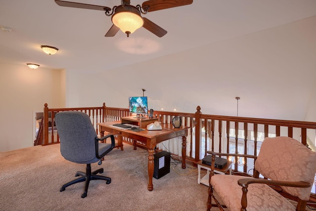 office with light carpet and ceiling fan