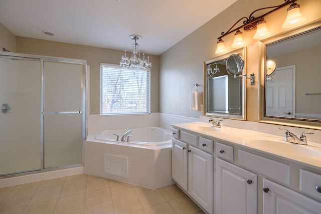 bathroom with separate shower and tub, vanity, a notable chandelier, and tile patterned floors