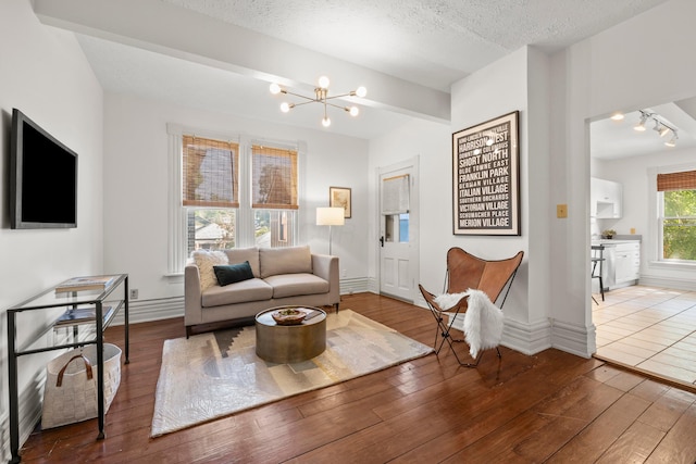 living room with wood-type flooring, a textured ceiling, track lighting, and an inviting chandelier