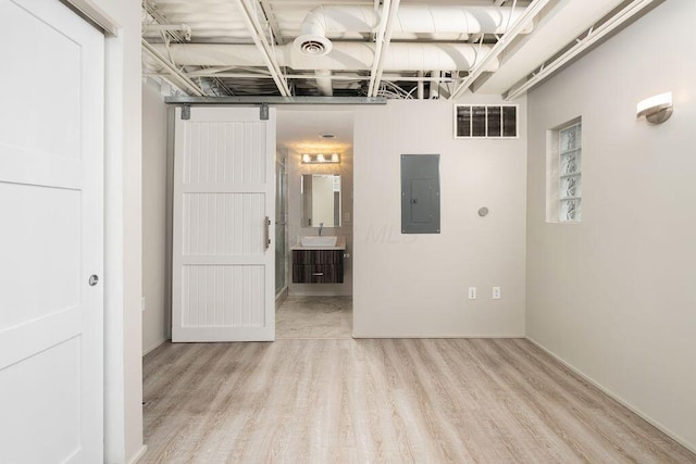 unfurnished room featuring visible vents, a sink, wood finished floors, and electric panel