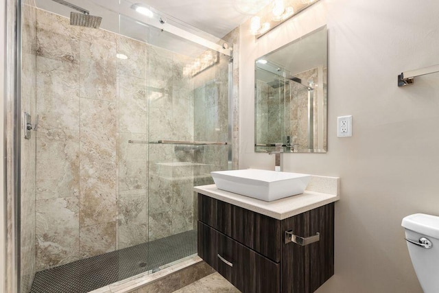 full bath featuring vanity, a shower stall, and toilet