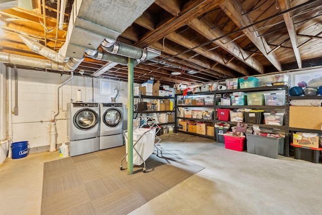 unfinished below grade area with independent washer and dryer