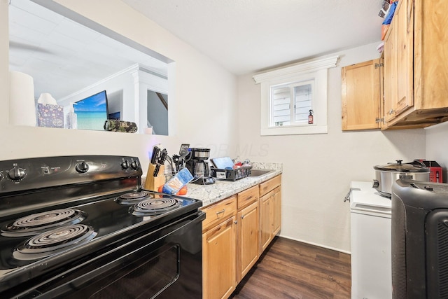 kitchen with dark wood finished floors, light brown cabinets, and black range with electric cooktop