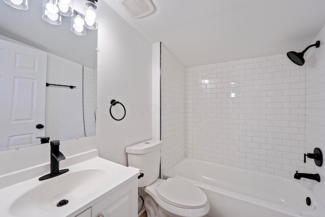 full bath featuring visible vents, toilet, vanity, and shower / tub combination