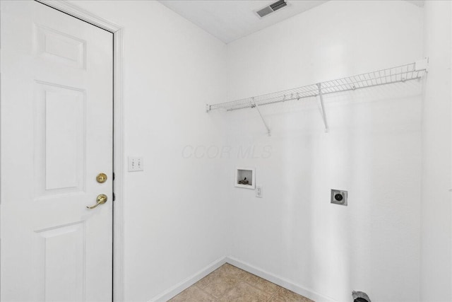 laundry room featuring laundry area, baseboards, visible vents, hookup for a washing machine, and electric dryer hookup