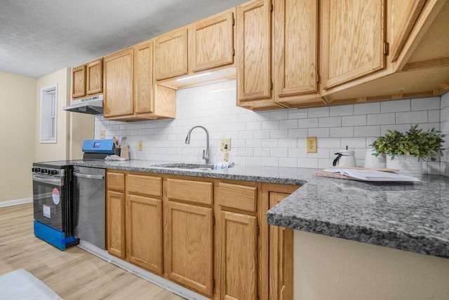 kitchen featuring light wood-type flooring, range, sink, dishwasher, and light brown cabinets