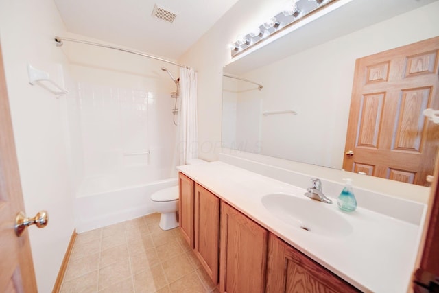 full bath with visible vents, toilet, shower / bathtub combination with curtain, tile patterned flooring, and vanity