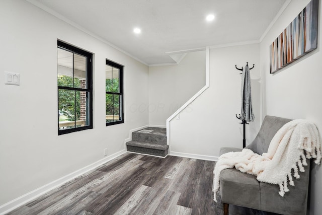 sitting room with dark hardwood / wood-style flooring and crown molding