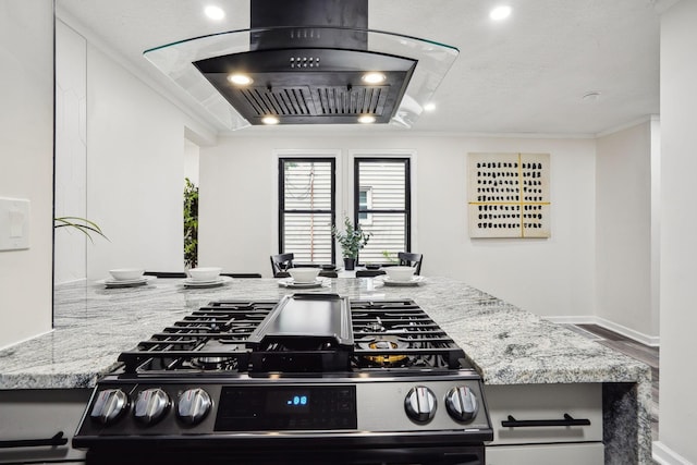 kitchen featuring hardwood / wood-style floors, light stone counters, custom range hood, range with gas stovetop, and ornamental molding