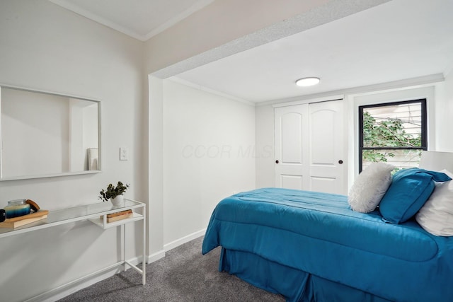 carpeted bedroom with ornamental molding and a closet