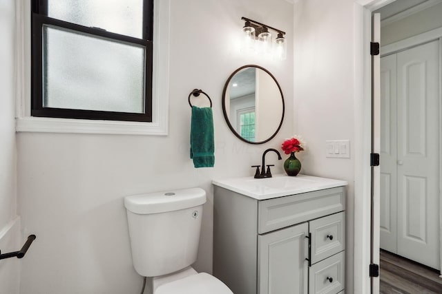 bathroom featuring toilet, wood-type flooring, and vanity