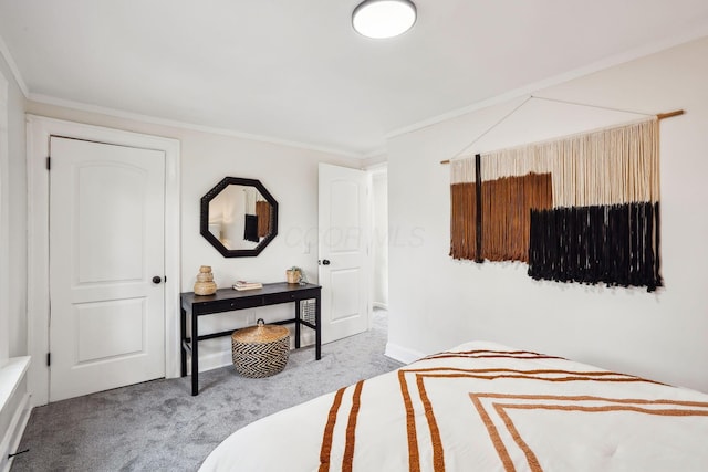 carpeted bedroom with crown molding