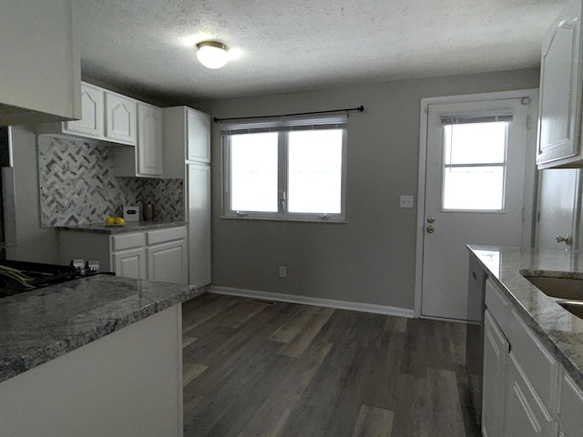 kitchen with light stone countertops, plenty of natural light, and white cabinetry