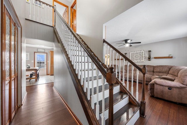 stairway with hardwood / wood-style flooring and a ceiling fan