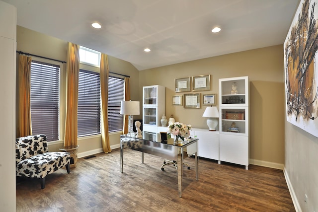 office featuring recessed lighting, baseboards, and wood finished floors