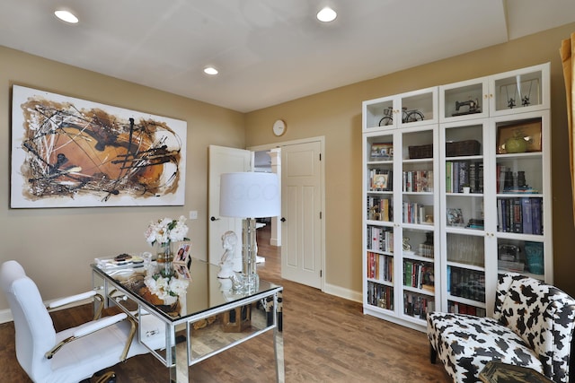 office area featuring baseboards, wood finished floors, and recessed lighting