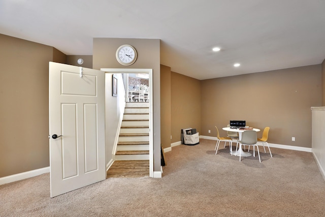 interior space featuring carpet, baseboards, and recessed lighting