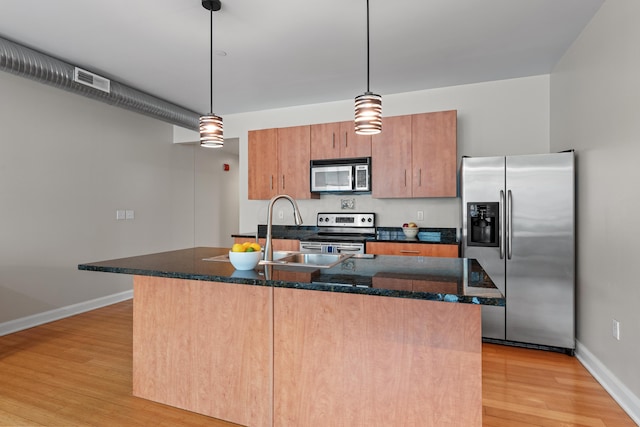 kitchen featuring a center island with sink, appliances with stainless steel finishes, pendant lighting, and a sink