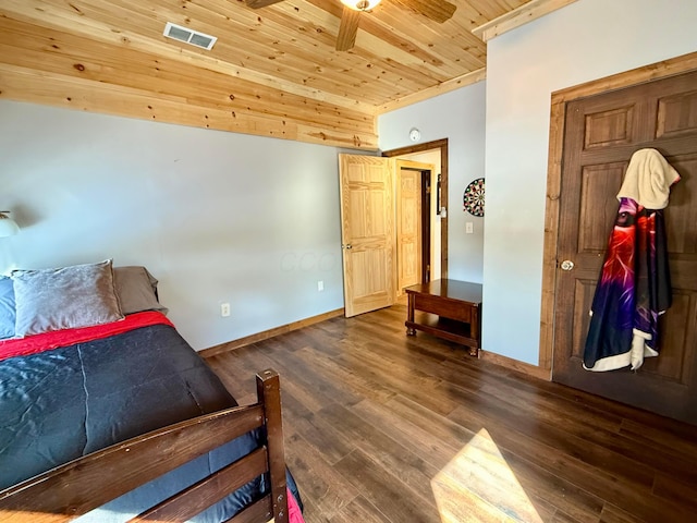 bedroom featuring visible vents, wood ceiling, vaulted ceiling, wood finished floors, and baseboards