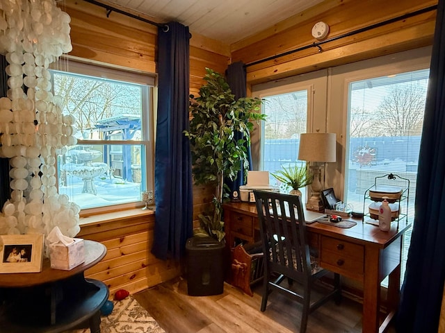 office area with a wealth of natural light, wooden walls, and wood finished floors