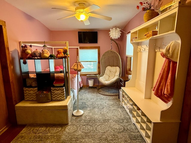 mudroom featuring ceiling fan