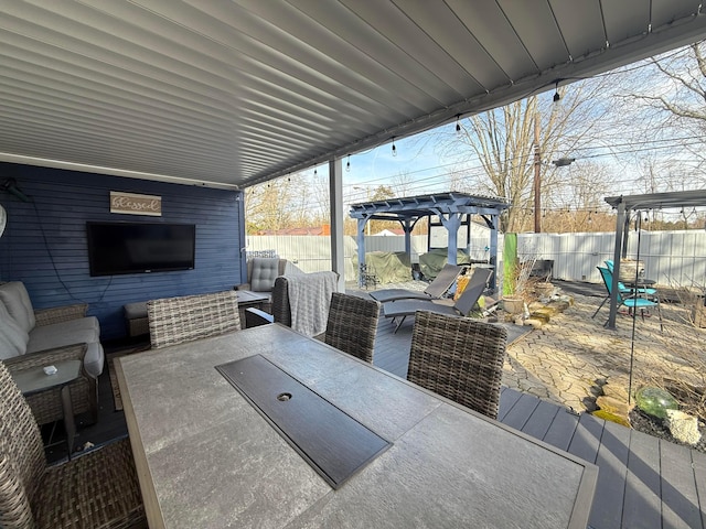 deck featuring a fenced backyard, outdoor dining area, a patio area, outdoor lounge area, and a pergola