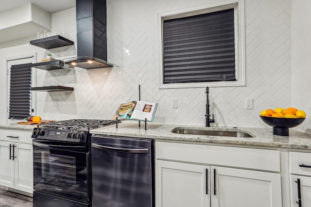 kitchen with gas stove, sink, white cabinetry, dishwasher, and wall chimney exhaust hood