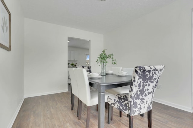 dining room featuring baseboards, wood finished floors, and a textured ceiling